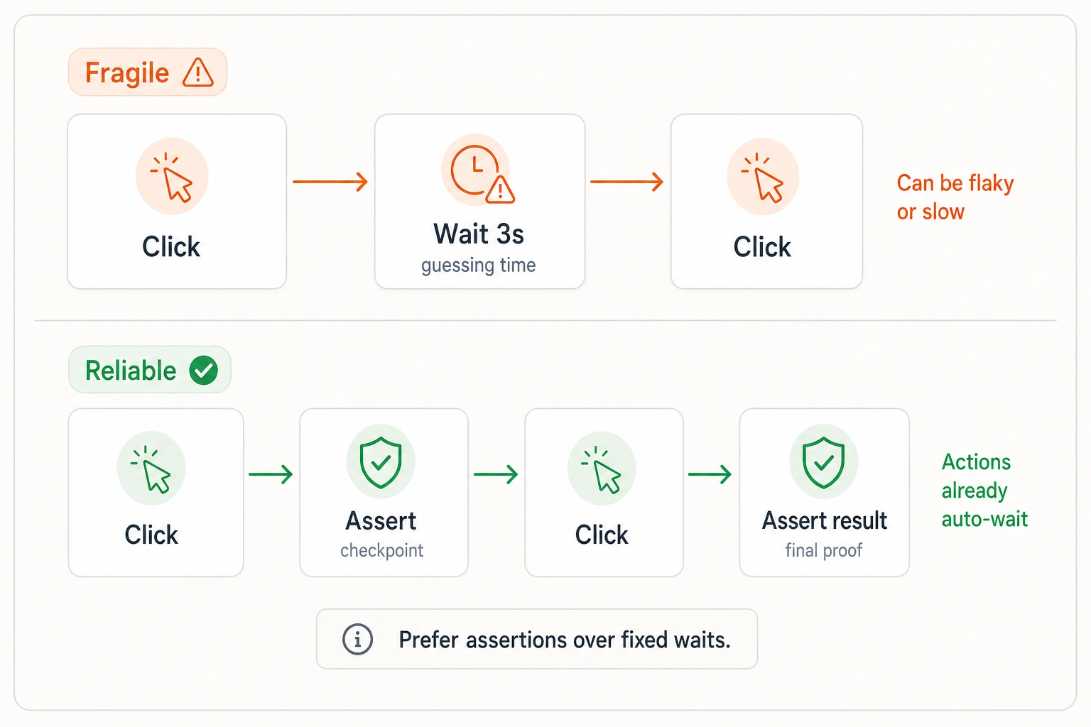 Fixed waits versus actions that auto-wait, with assertions added at checkpoints