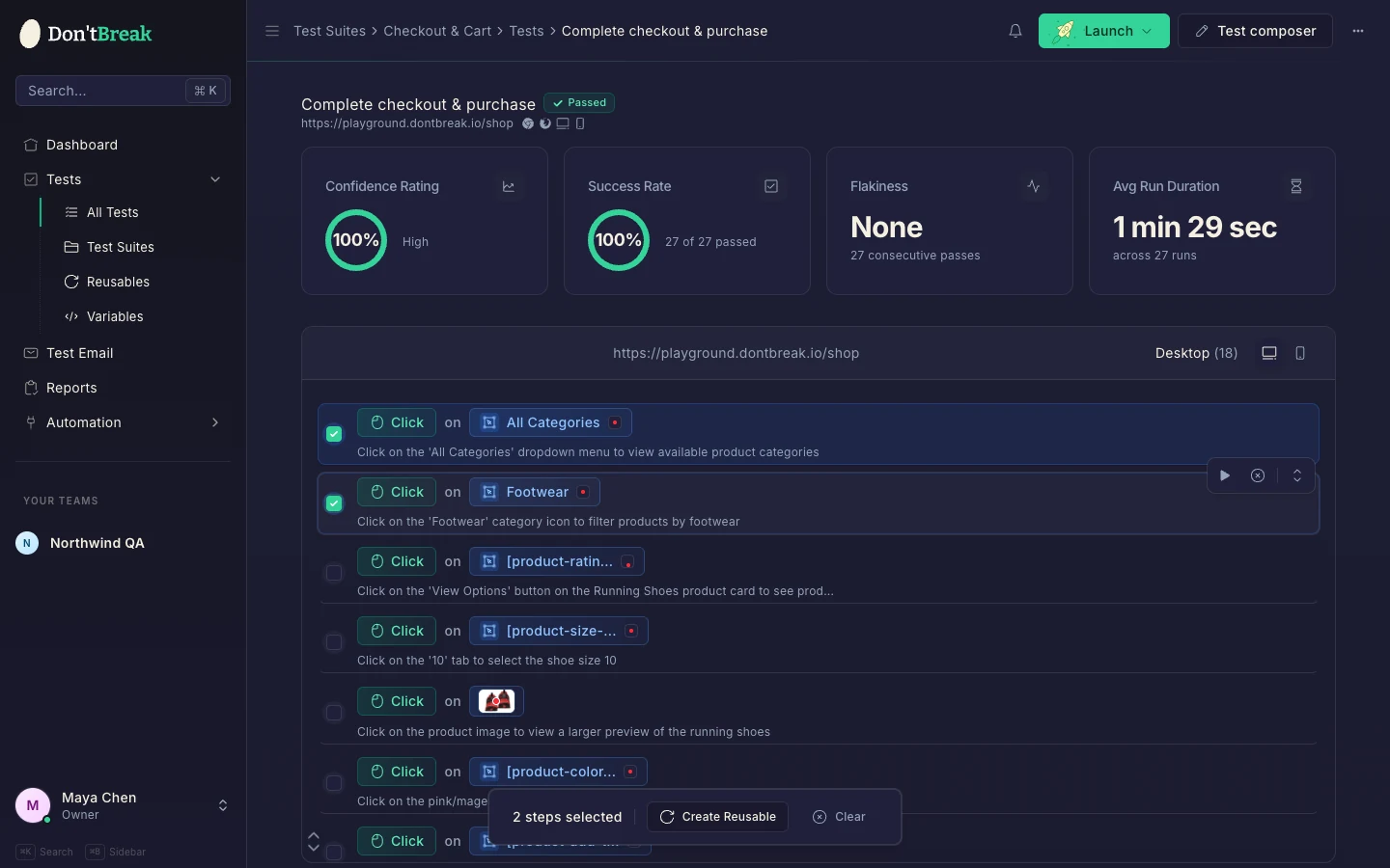 Test steps with two steps selected via checkboxes and a floating toolbar offering Create Reusable
