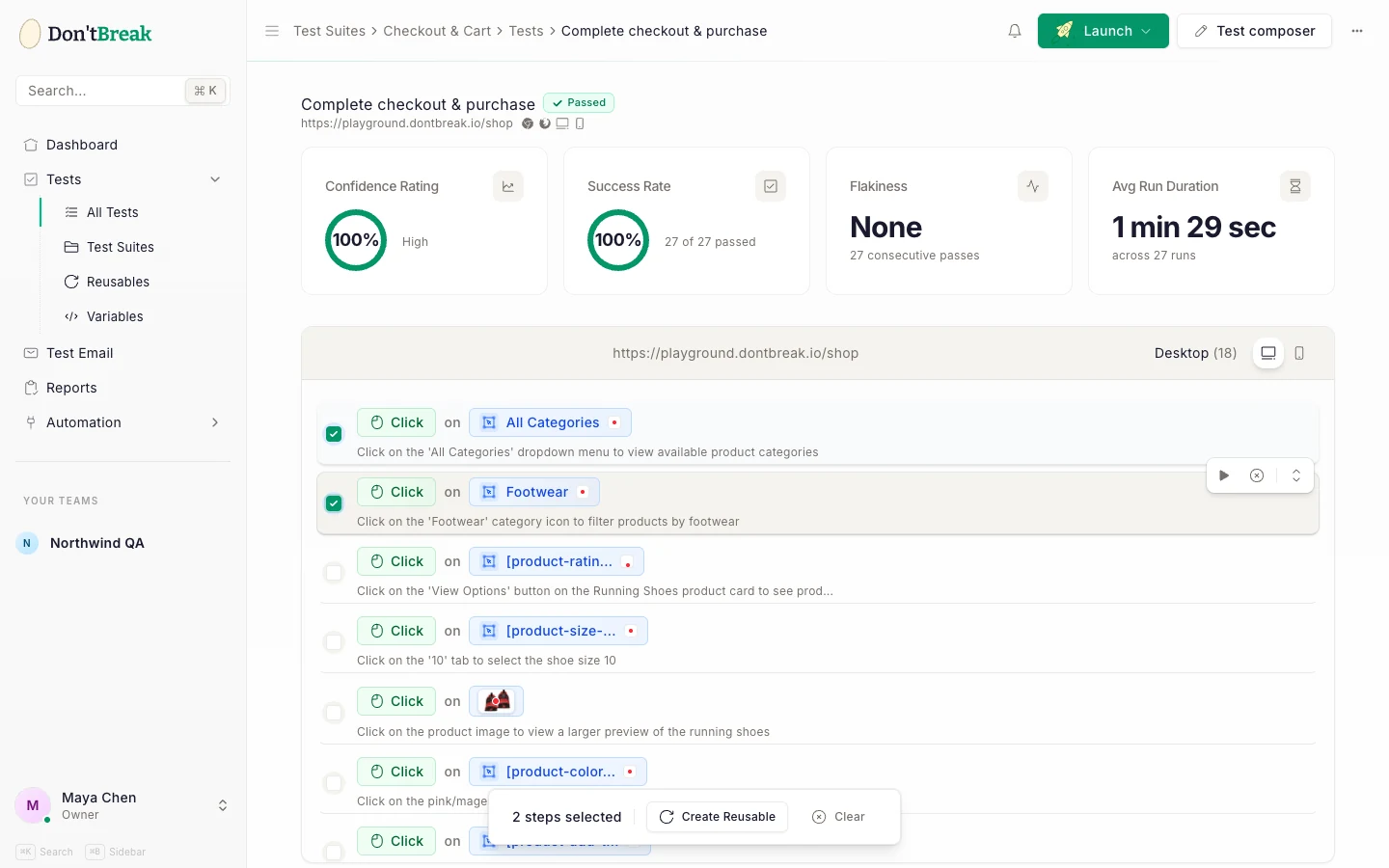 Test steps with two steps selected via checkboxes and a floating toolbar offering Create Reusable