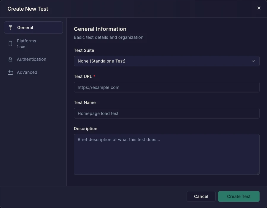Create New Test dialog with Test Suite, Test URL, Test Name and Description fields