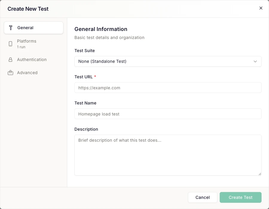 Create New Test dialog with Test Suite, Test URL, Test Name and Description fields