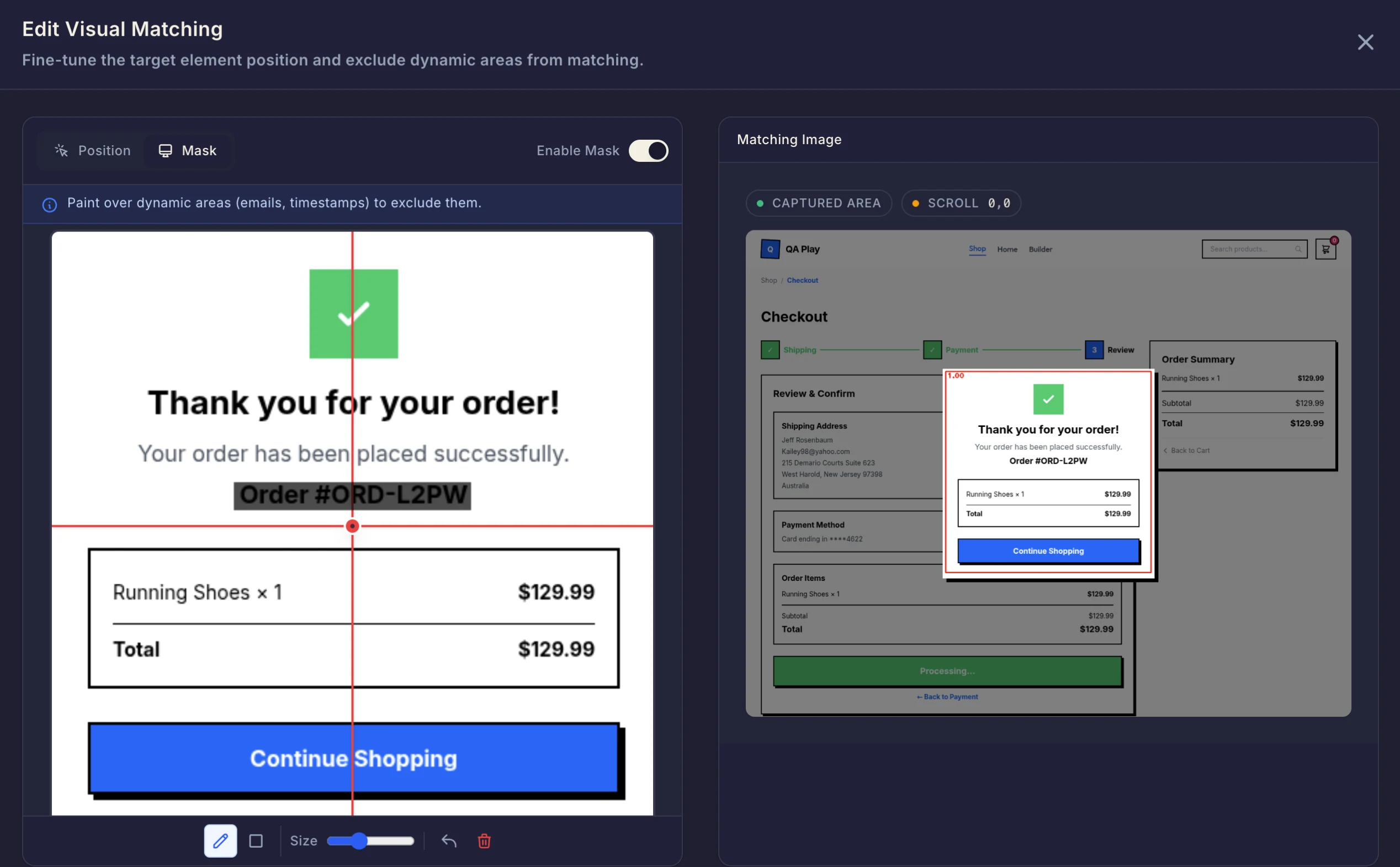 Edit Visual Matching dialog with the Mask tab active and a mask painted over the changing order number on an order-confirmation element