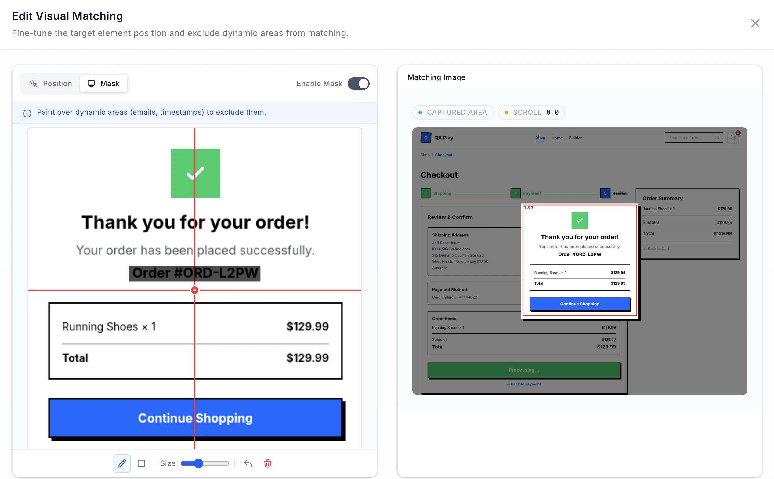 Edit Visual Matching dialog with the Mask tab active and a mask painted over the changing order number on an order-confirmation element