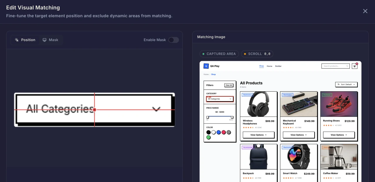 Edit Visual Matching dialog with the Captured area highlight active on the matching image