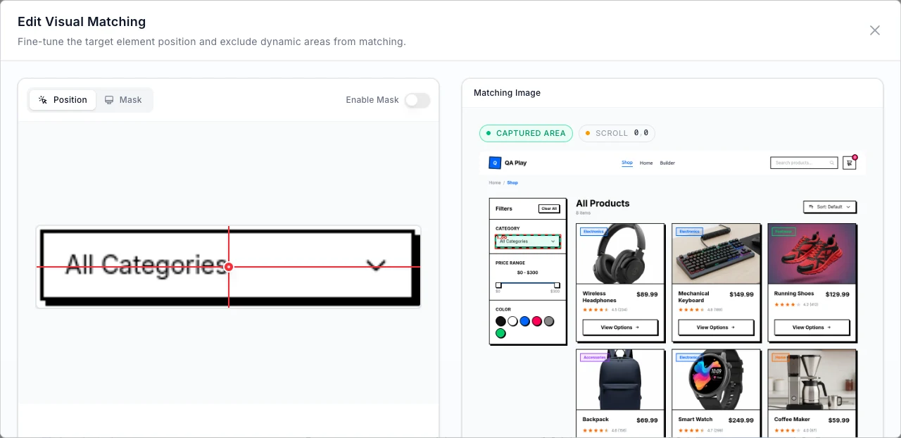 Edit Visual Matching dialog with the Captured area highlight active on the matching image