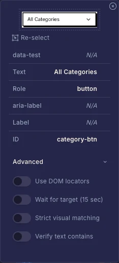 The targeting panel showing the captured element image, its DOM attributes, and the advanced matching options