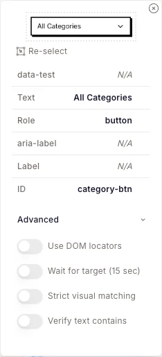 The targeting panel showing the captured element image, its DOM attributes, and the advanced matching options