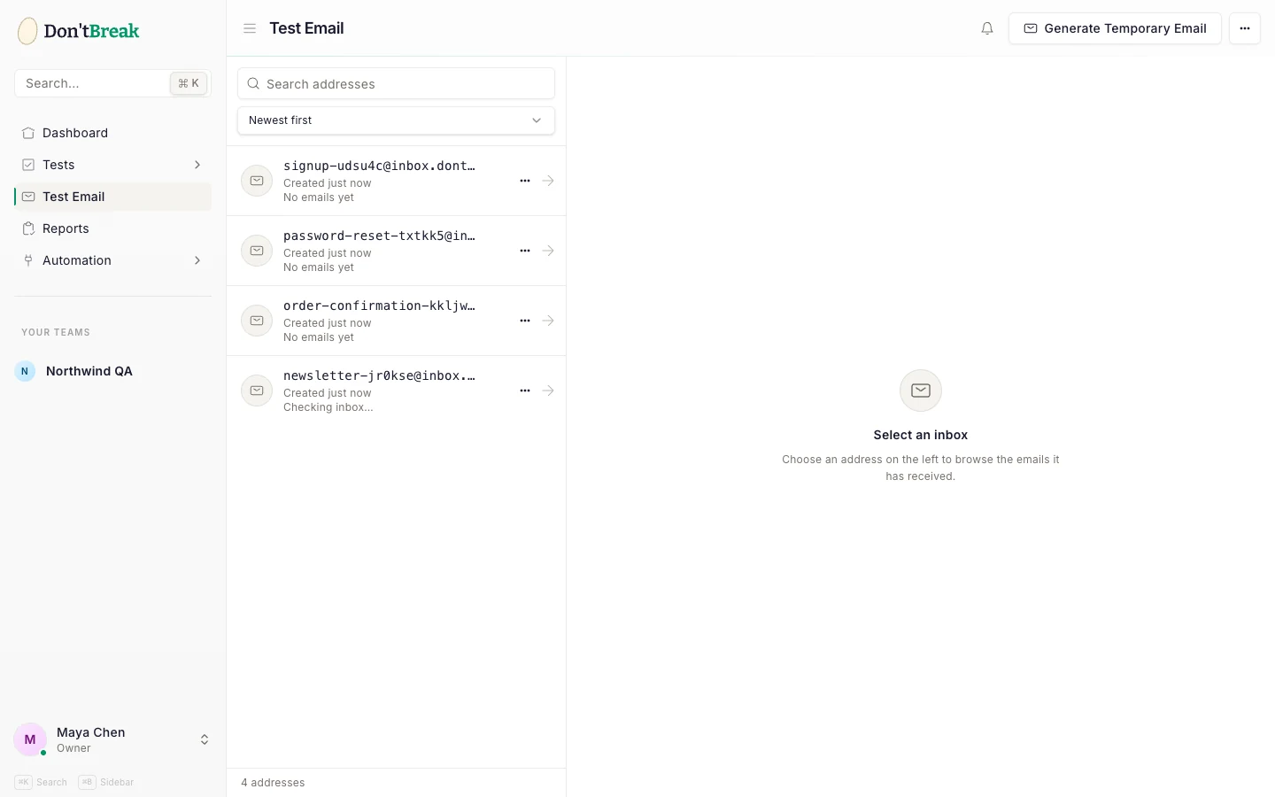 Test Email page showing temporary email addresses and a received email