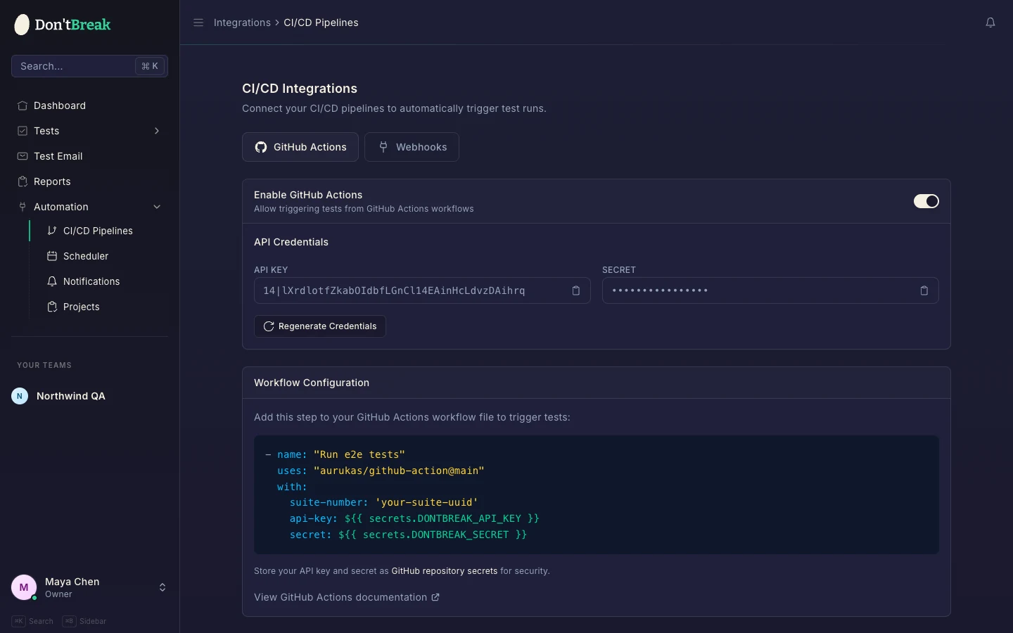 CI/CD integrations page showing the GitHub Actions enable toggle, API credentials, and workflow snippet