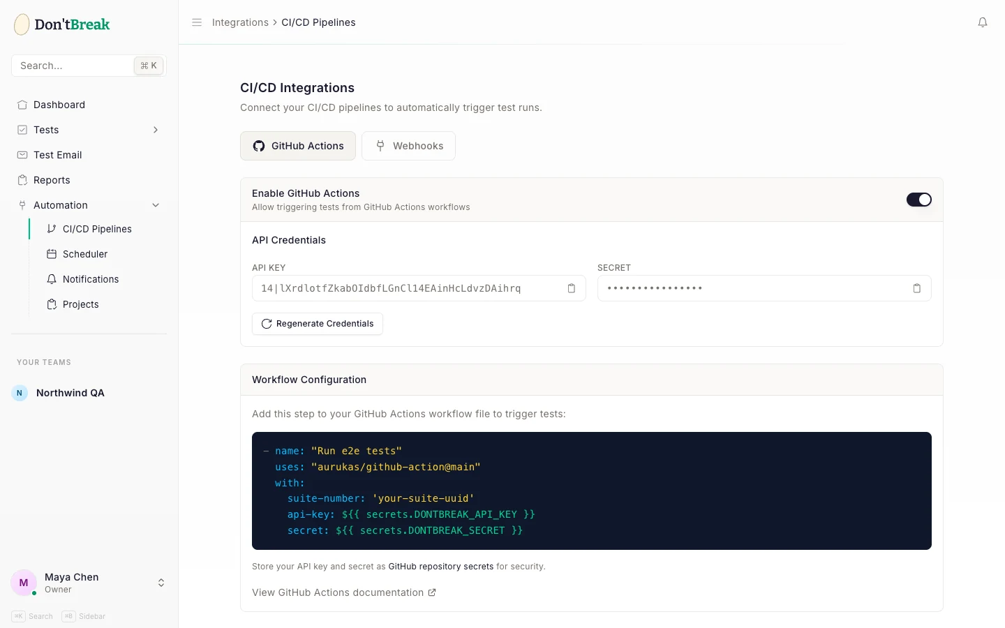 CI/CD integrations page showing the GitHub Actions enable toggle, API credentials, and workflow snippet