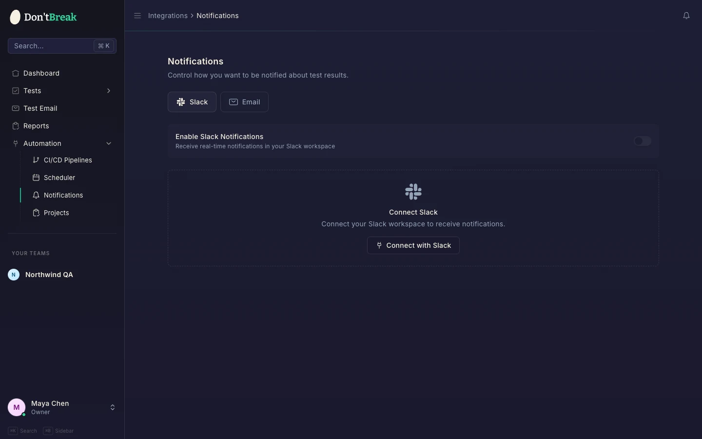 Notifications settings showing Slack channel, event checkboxes, and Save Settings button