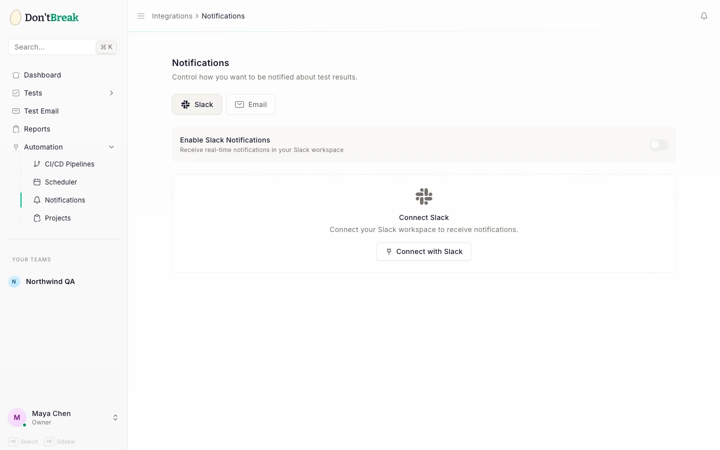 Notifications settings showing Slack channel, event checkboxes, and Save Settings button