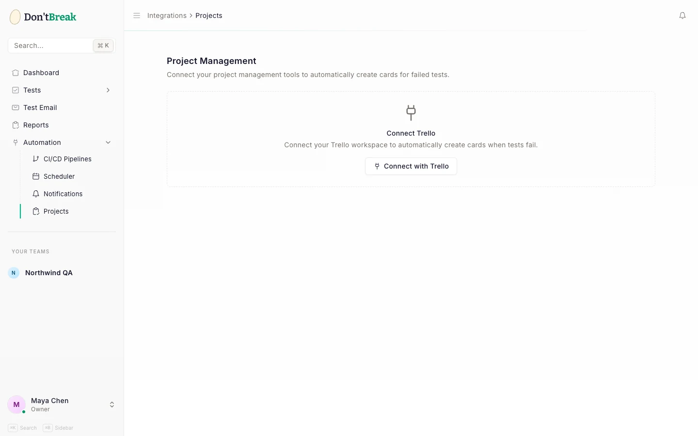Project Management integration page showing Trello board, failure list, and resolved list selectors