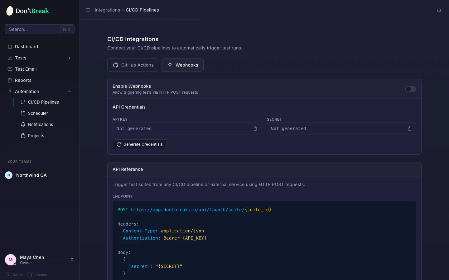 CI/CD integrations page showing the Webhooks enable toggle, API credentials, and API reference