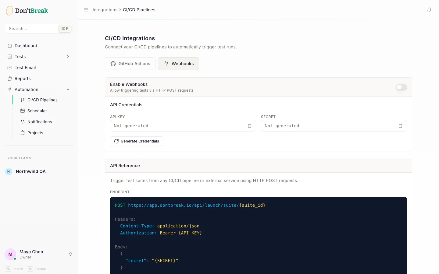 CI/CD integrations page showing the Webhooks enable toggle, API credentials, and API reference