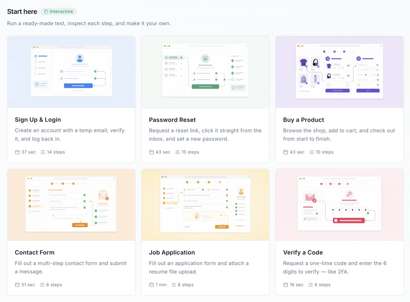 Onboarding example test gallery with cards for Sign Up & Login, Password Reset, and more