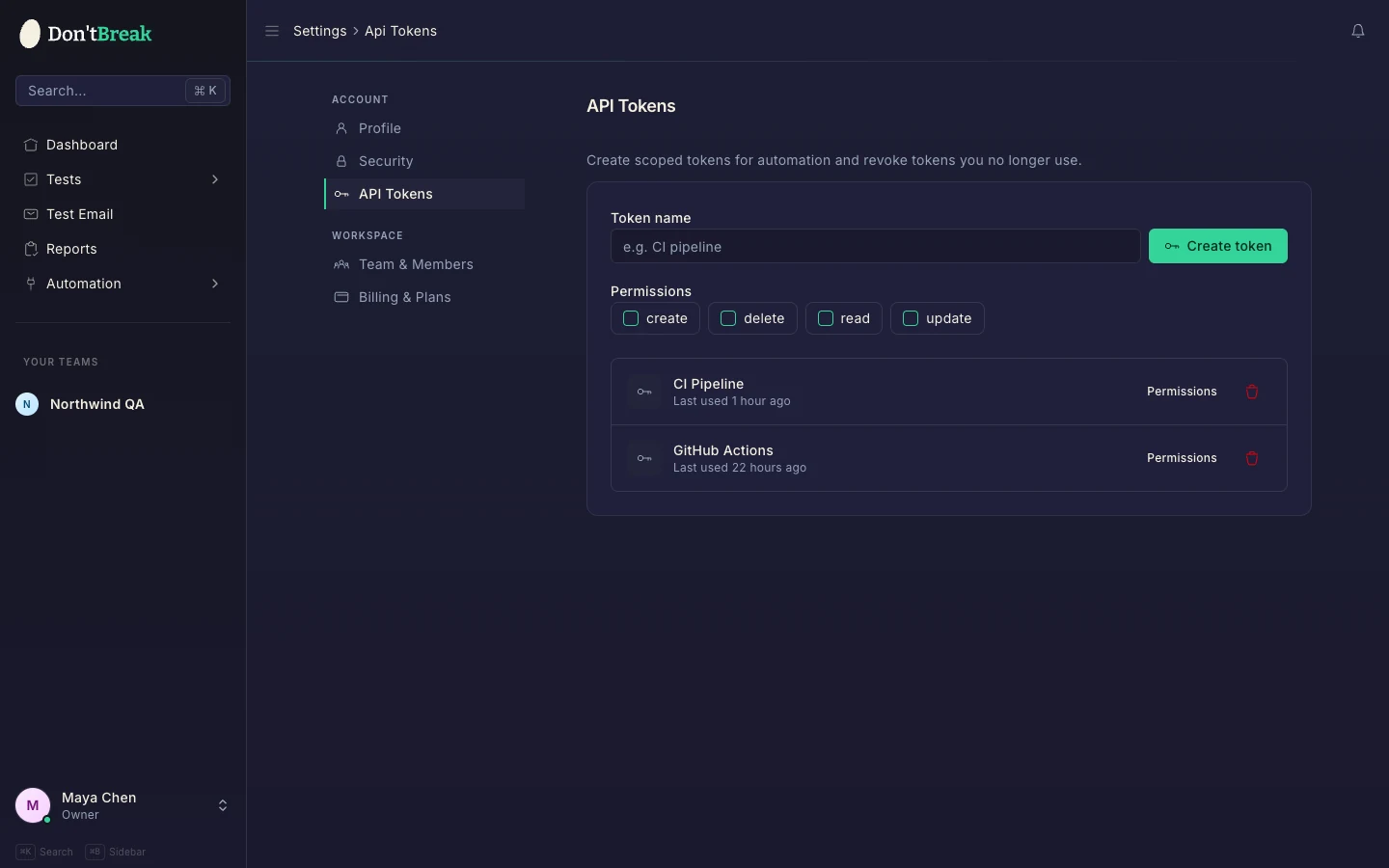 Settings page showing the API token creation form and the token list