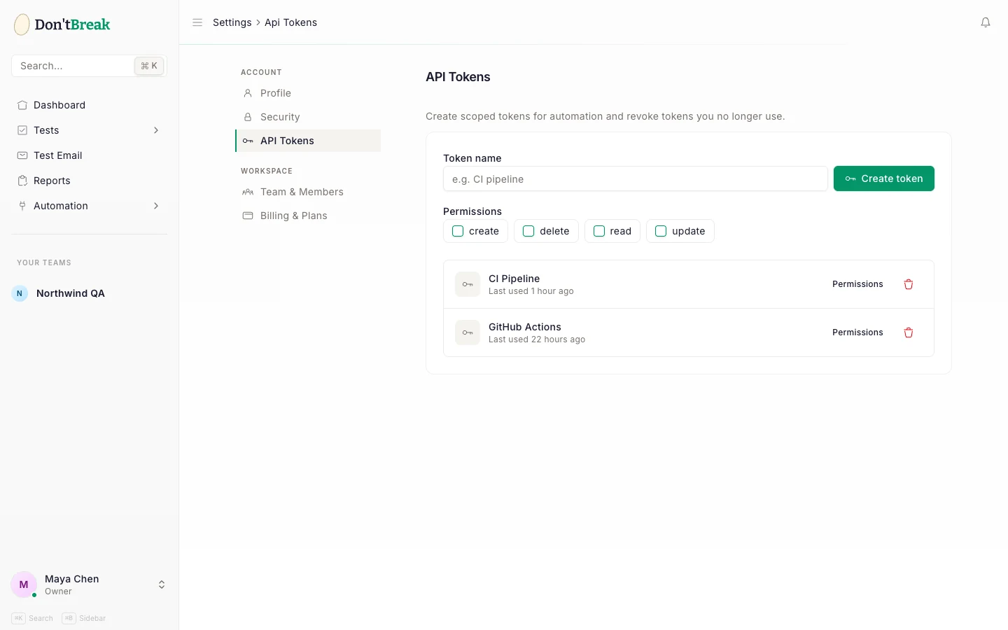 Settings page showing the API token creation form and the token list