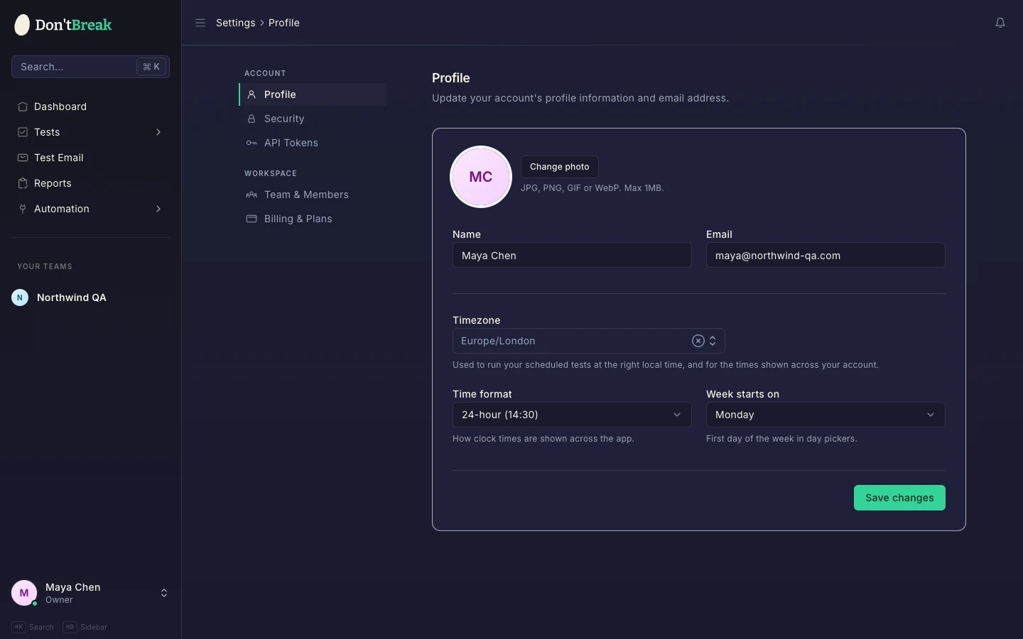 Profile page showing the profile information form with name, email, and photo