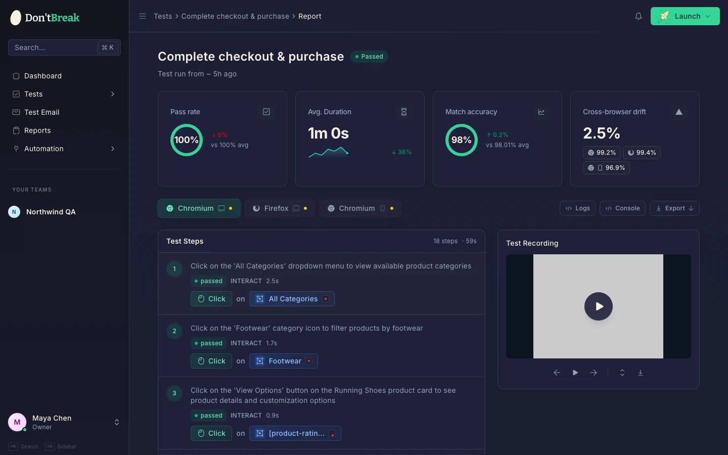 Report overview page showing pass rate, duration, and match accuracy cards with browser tabs