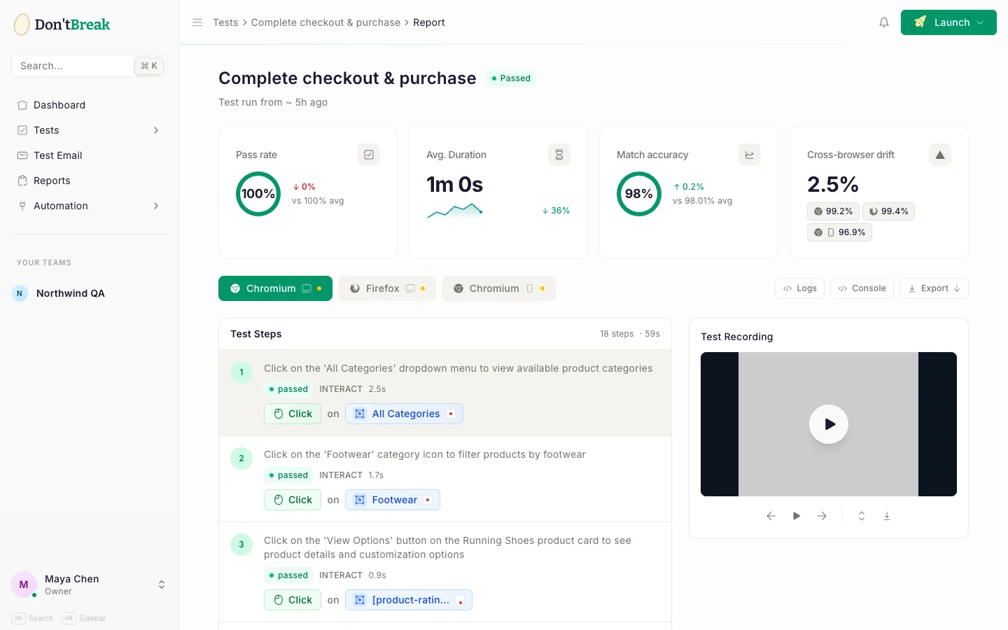 Report overview page showing pass rate, duration, and match accuracy cards with browser tabs