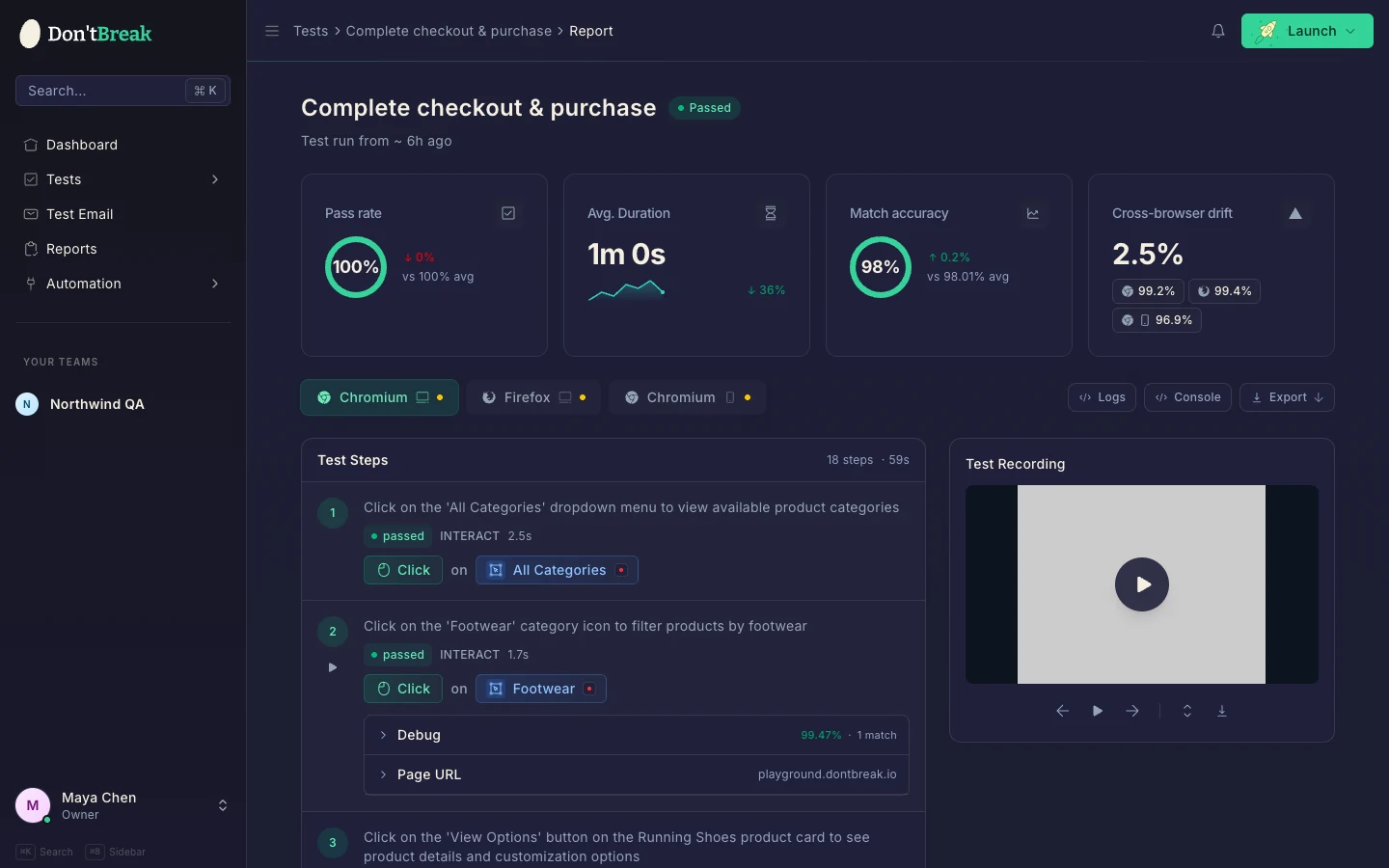 Report step detail showing debug match percentage, matched area, and page URL