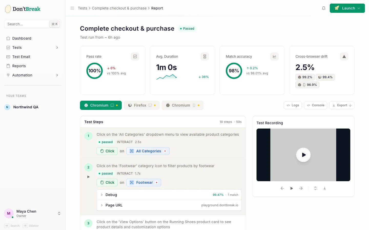 Report step detail showing debug match percentage, matched area, and page URL