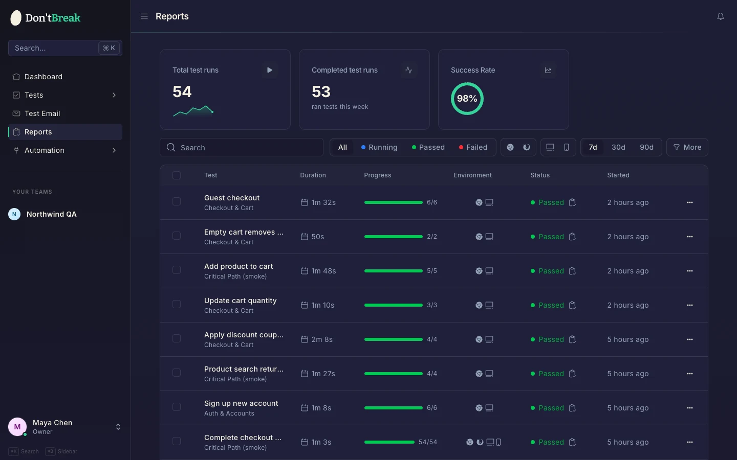 Reports index page showing run history with filters and bulk actions