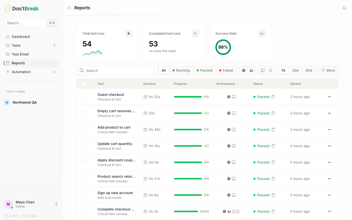Reports index page showing run history with filters and bulk actions