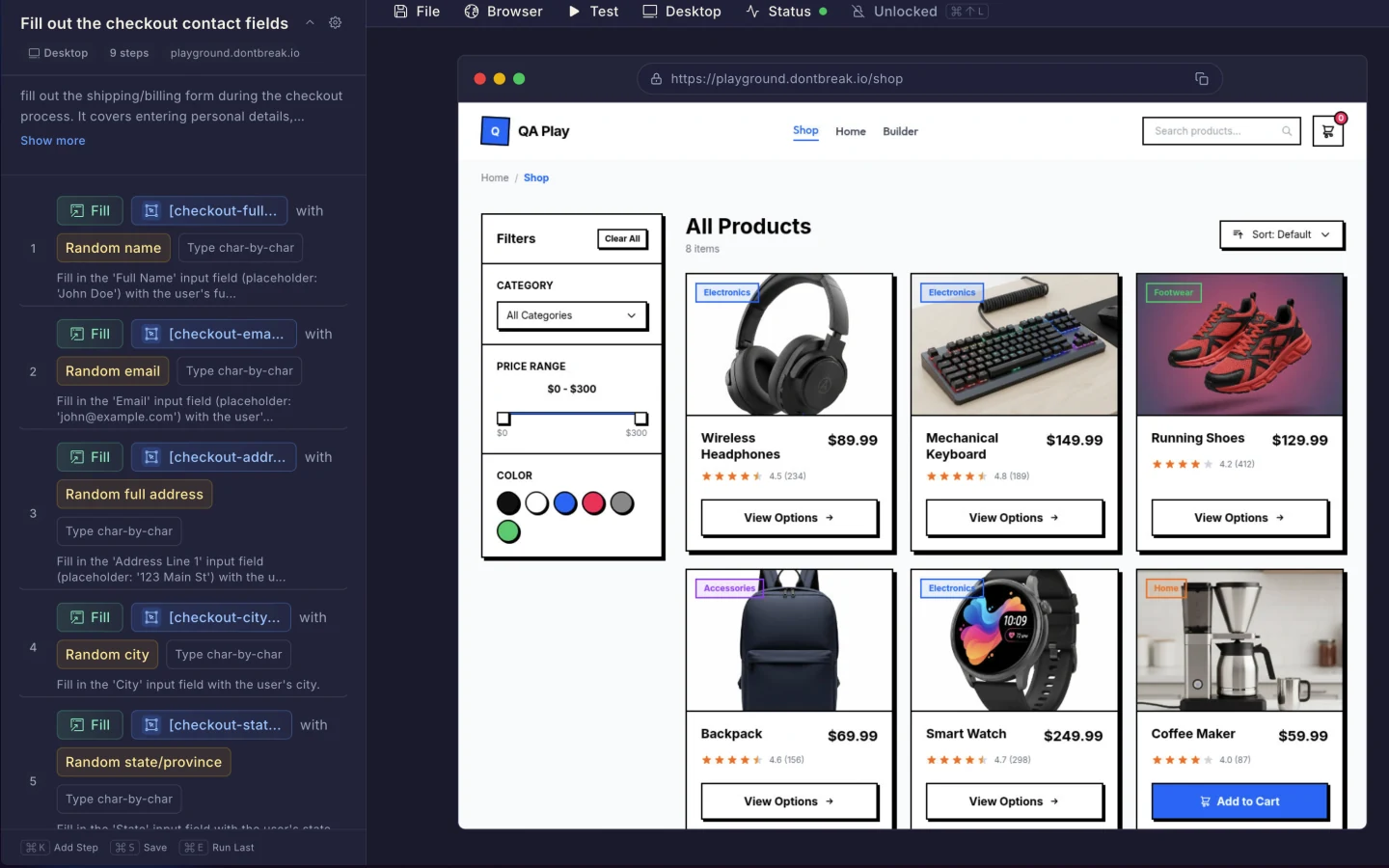 Reusable steps editor with step list and live browser preview