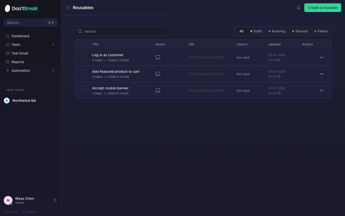 Reusables list showing each reusable's step count and number of tests using it