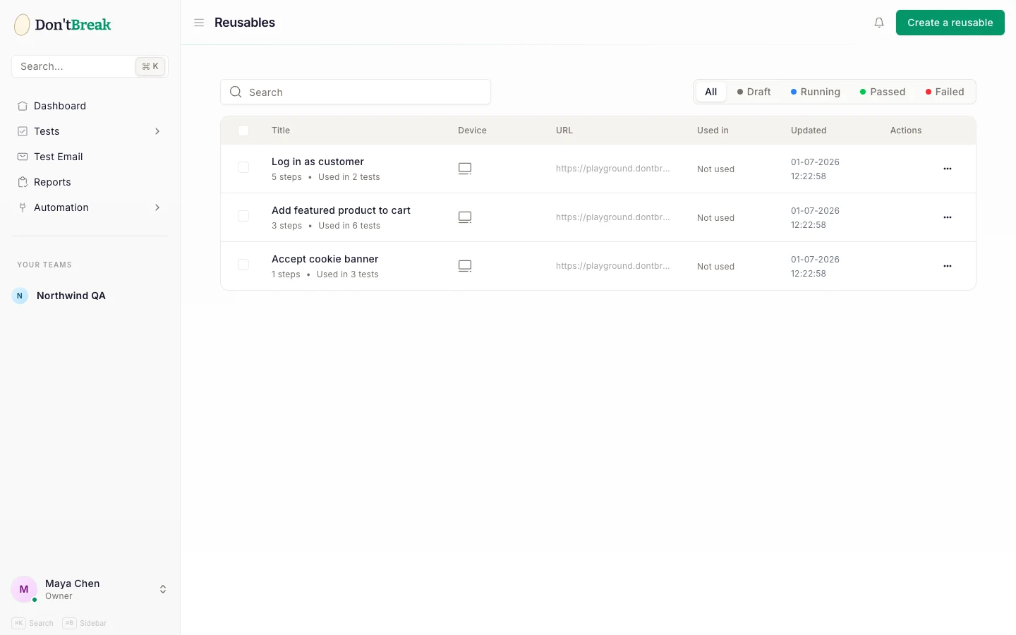Reusables list showing each reusable's step count and number of tests using it
