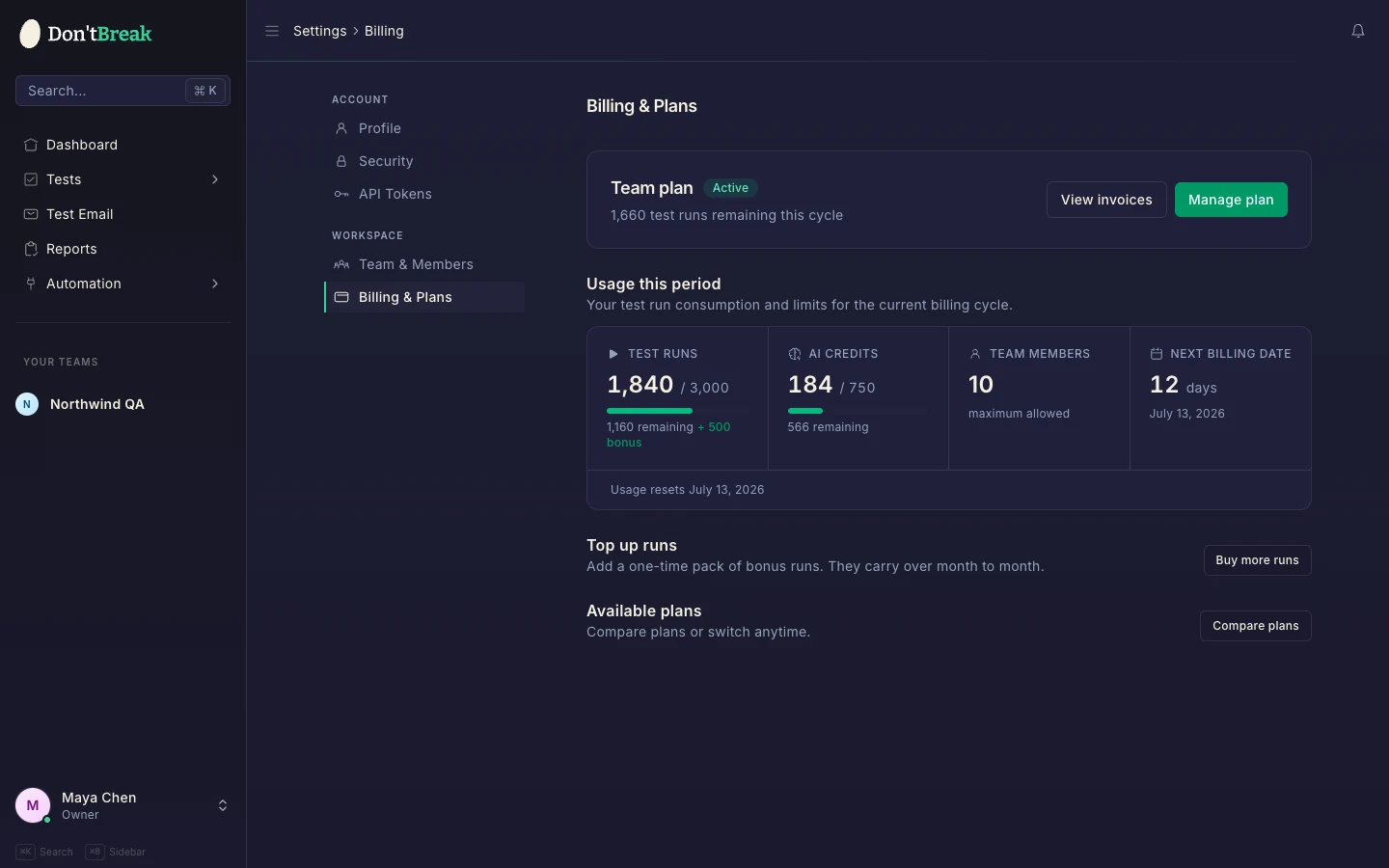 Subscription settings page showing the current plan, test run usage, and available plans