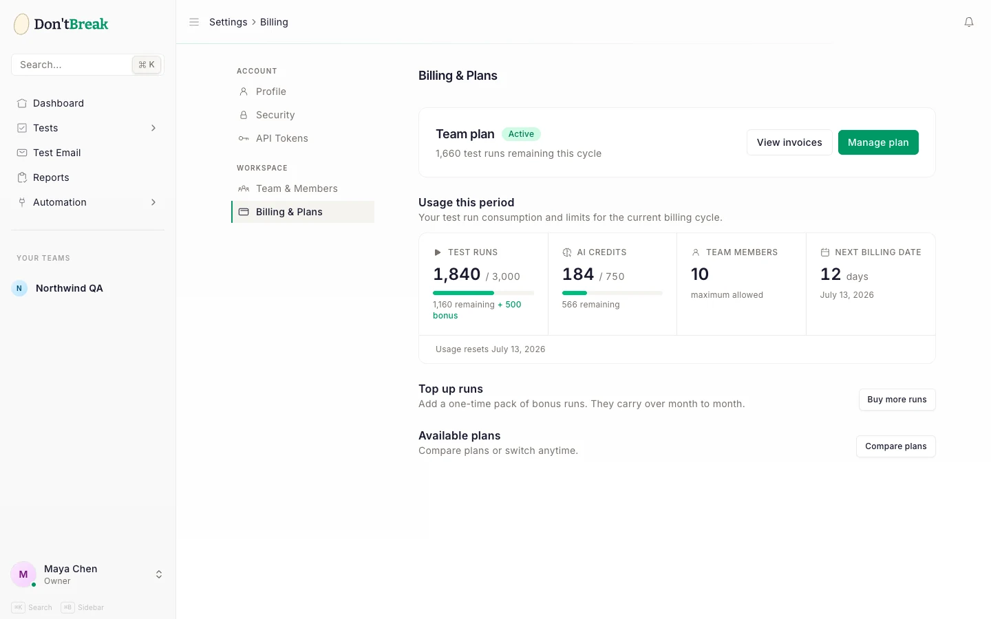 Subscription settings page showing the current plan, test run usage, and available plans
