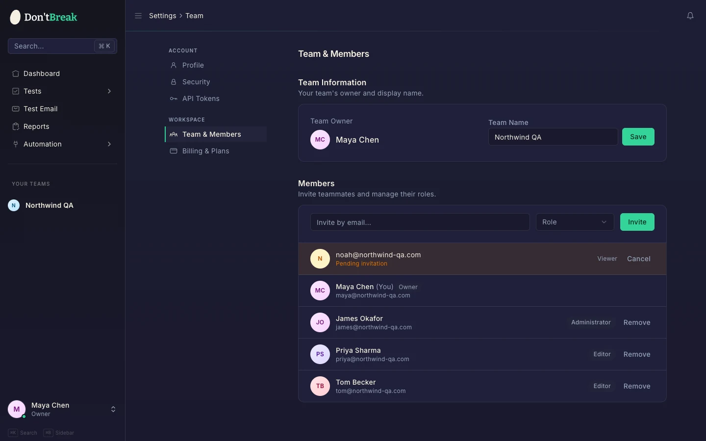 Team settings page showing the team name form and team member manager