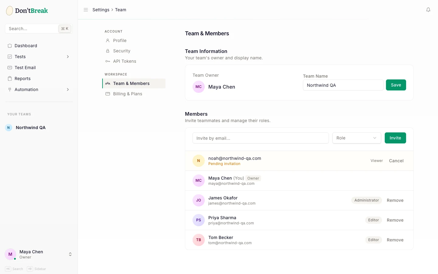 Team settings page showing the team name form and team member manager