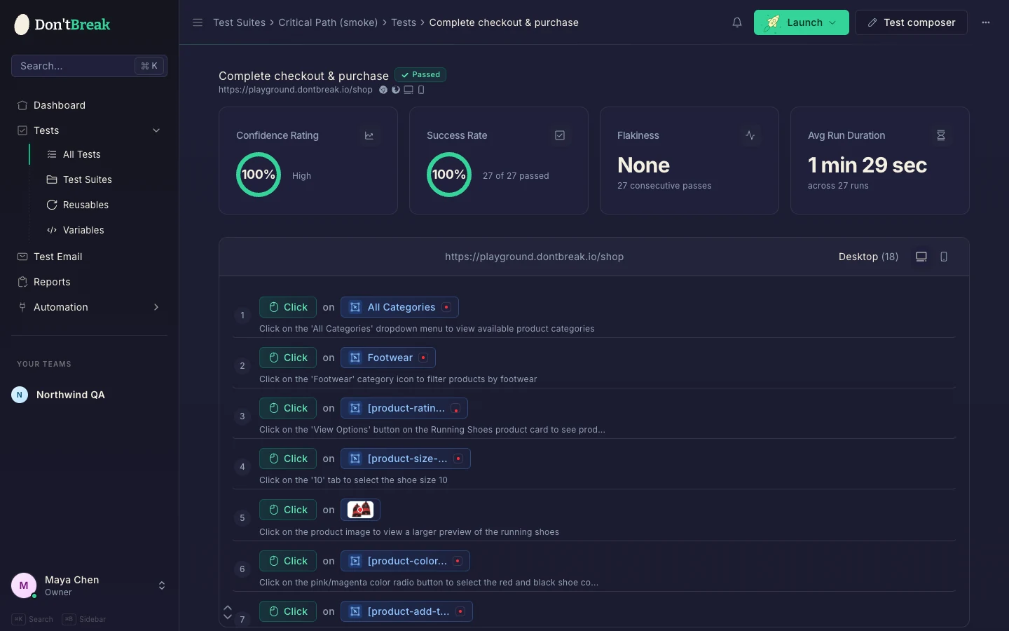 Test detail page showing confidence rating, success rate, flakiness and run history