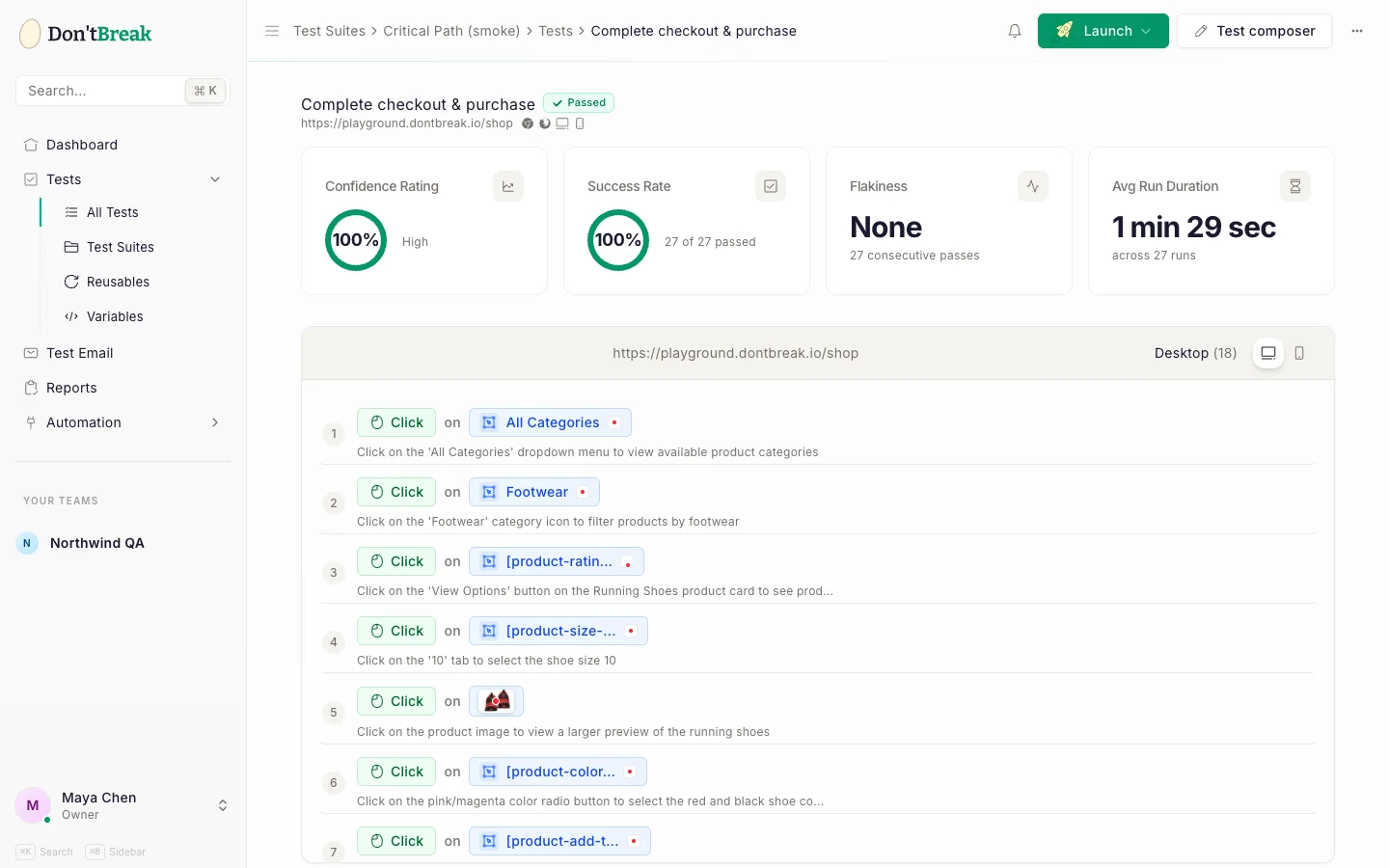 Test detail page showing confidence rating, success rate, flakiness and run history