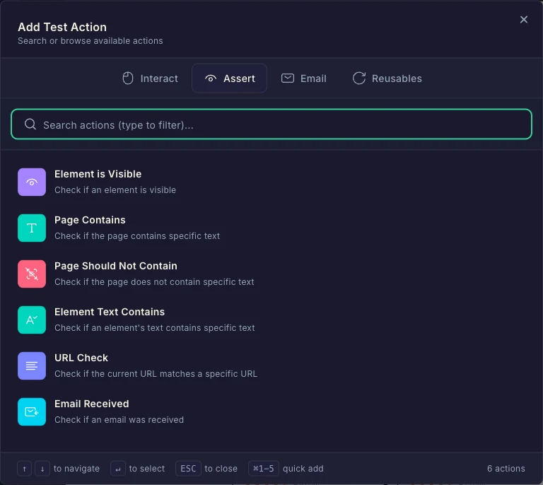 Action picker showing the Assert tab with the list of assertion actions
