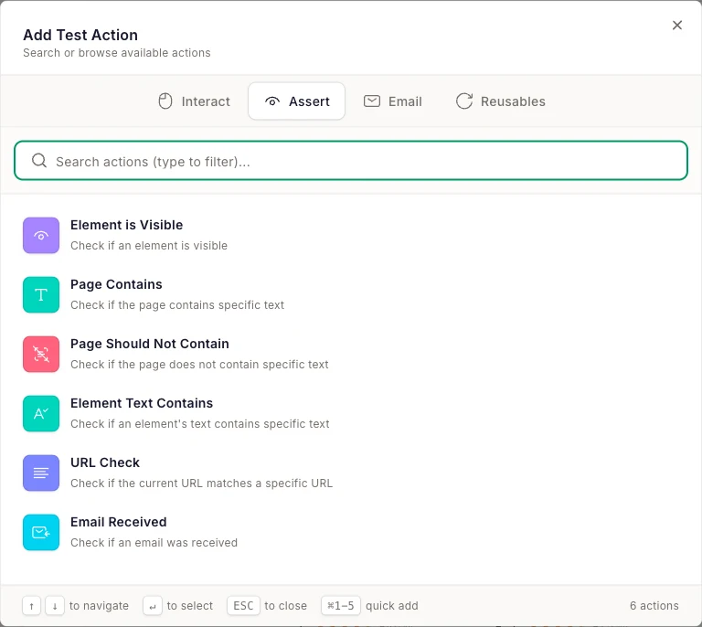 Action picker showing the Assert tab with the list of assertion actions