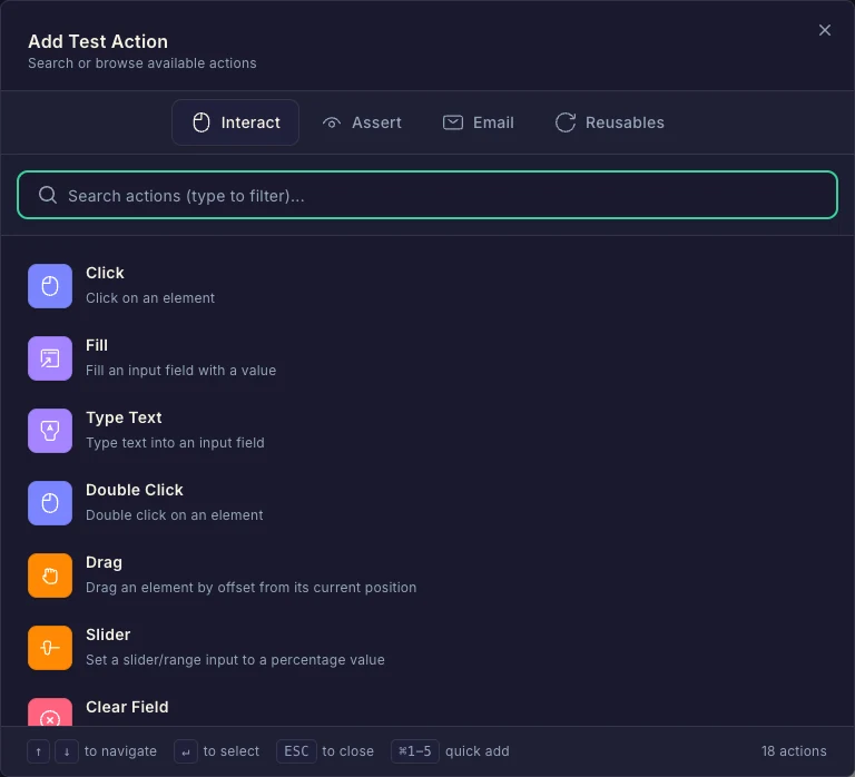 Action picker open in the test composer showing available step types