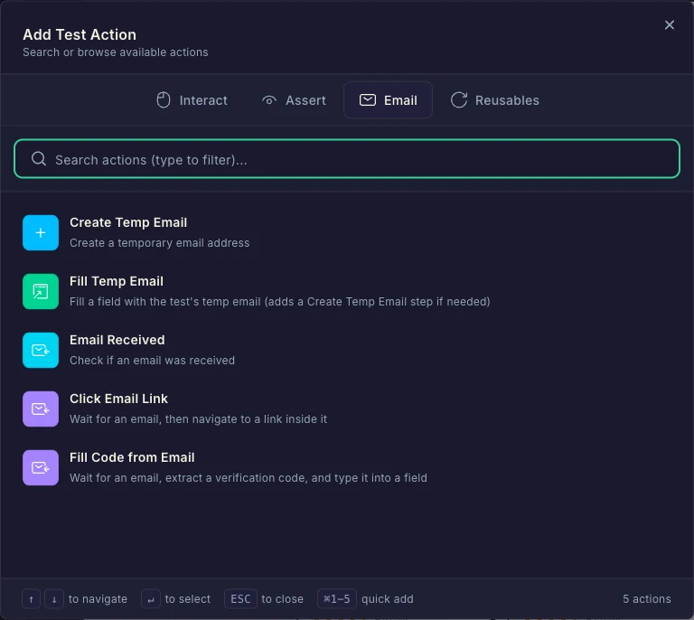 Action picker showing the Email tab with email-related actions