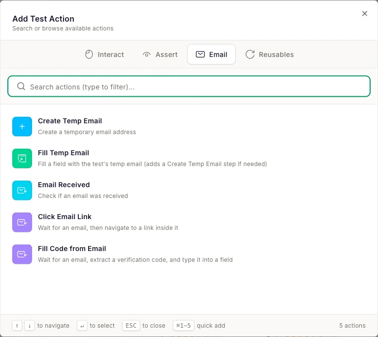 Action picker showing the Email tab with email-related actions