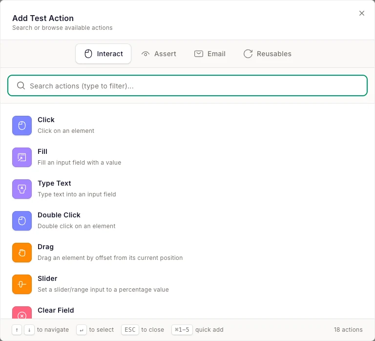 Action picker open in the test composer showing available step types