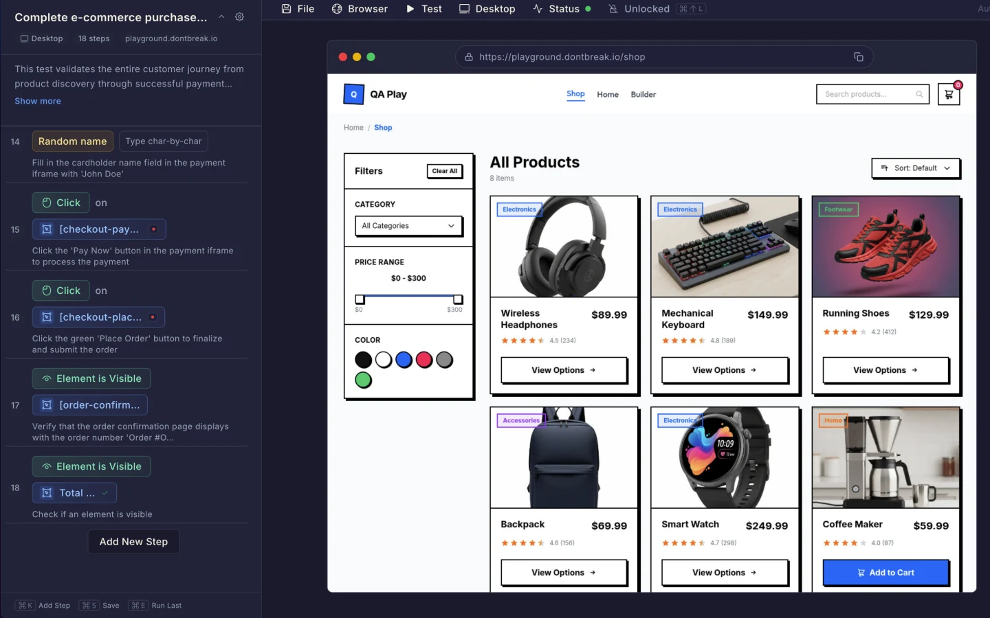 Test composer with step list panel and live browser preview