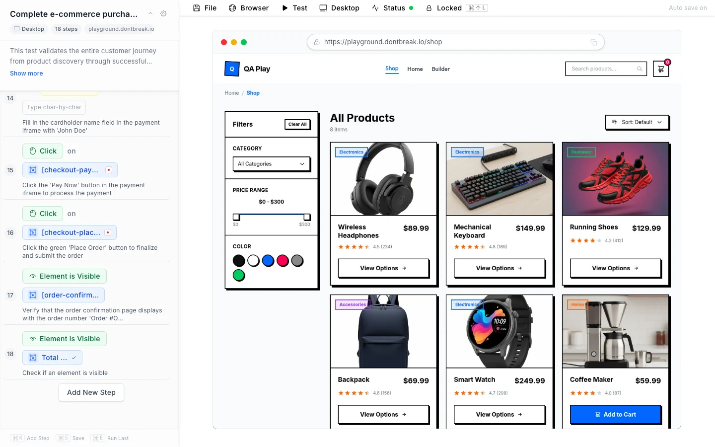 Test composer with step list panel and live browser preview