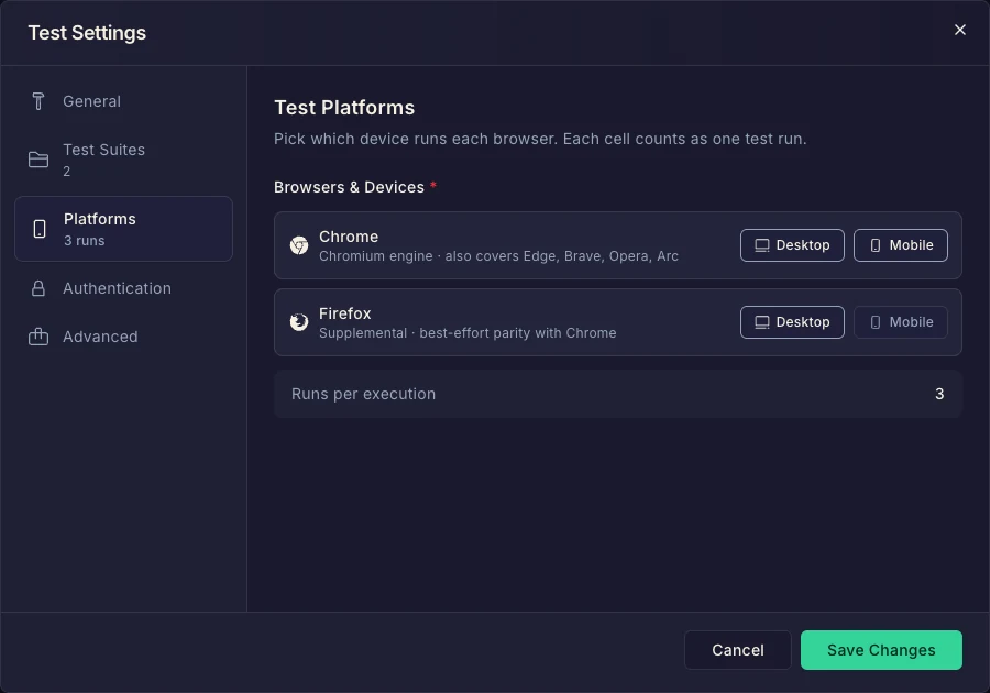 Test Settings Platforms tab showing the Chrome and Firefox desktop/mobile matrix