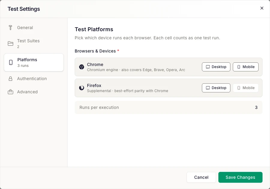 Test Settings Platforms tab showing the Chrome and Firefox desktop/mobile matrix