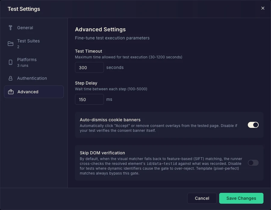 Test Settings Advanced tab with timeout, step delay and verification toggles
