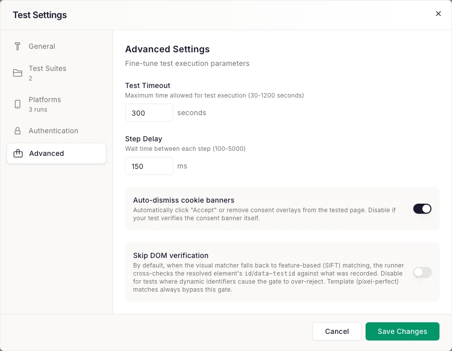 Test Settings Advanced tab with timeout, step delay and verification toggles